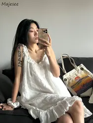 Sleeveless Nightgowns Women White Sweet Ruffles Loose Home Vintage Midi Casual Temperament Summer New Korean Style Female Tender