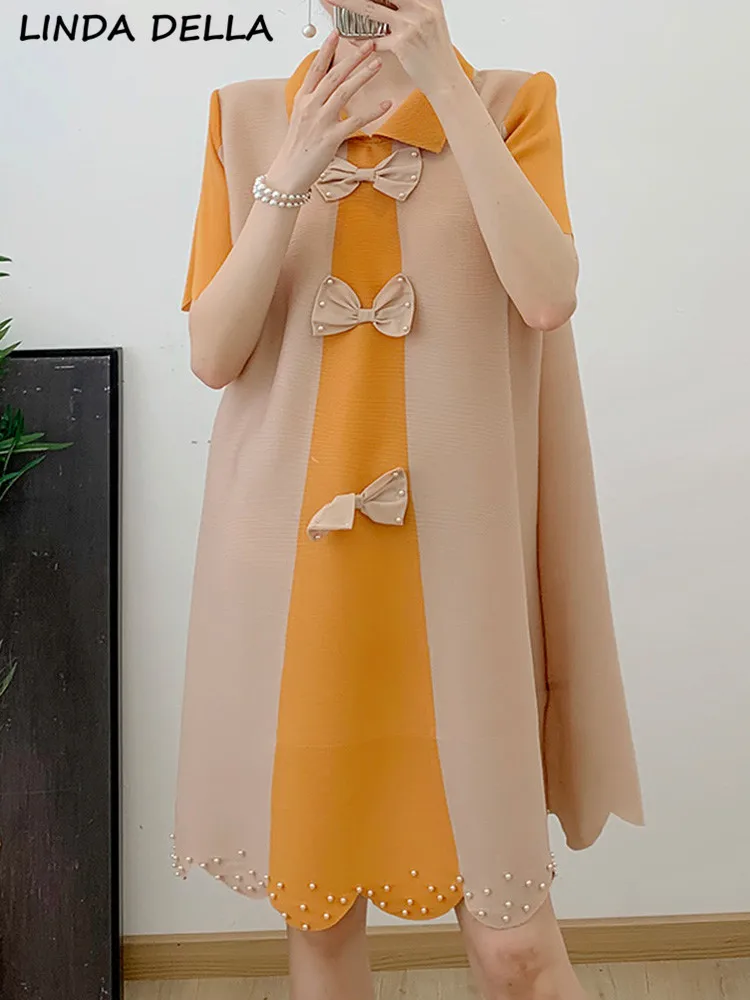 

LINDA DELLA Summer Fashion Designer Vintage Hit Color Patchwork Dress Women's Lapel Bow Pearl Casual Loose Mini Pleated Dress
