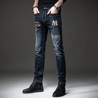 High-end 2024 Fashion brand embroidered hole men's pencil jeans Slim-fit small-foot casual pants Men's stretch teenager trousers 2