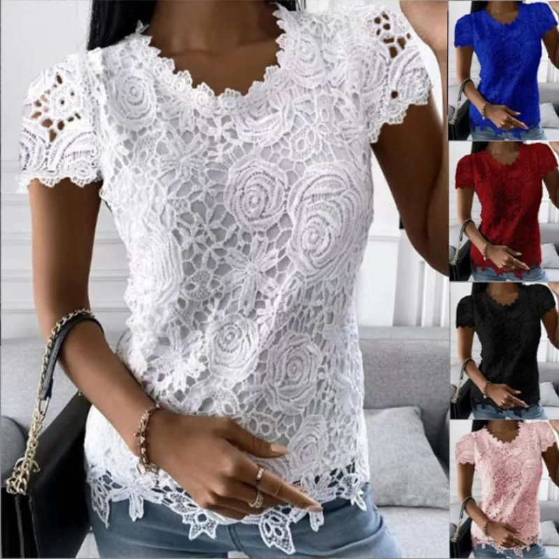 

Женская винтажная кружевная блузка Y2k, пикантные футболки с круглым вырезом и коротким рукавом, Элегантная Модная одежда в стиле пэчворк, повседневные однотонные Топы