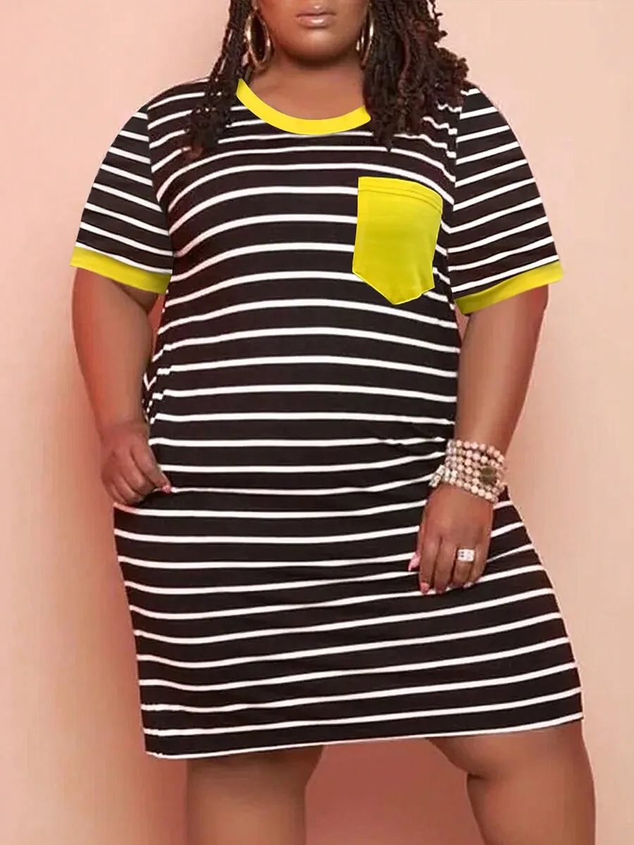Plus Size Women Striped Contrast T-Shirt Dress Summer Casual - Image 4