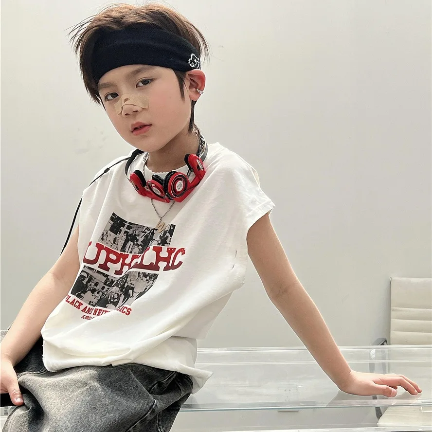 

Детская летняя футболка из чистого хлопка с коротким рукавом, 2024, детская одежда, модная свободная футболка с принтом, универсальный топ для мальчиков