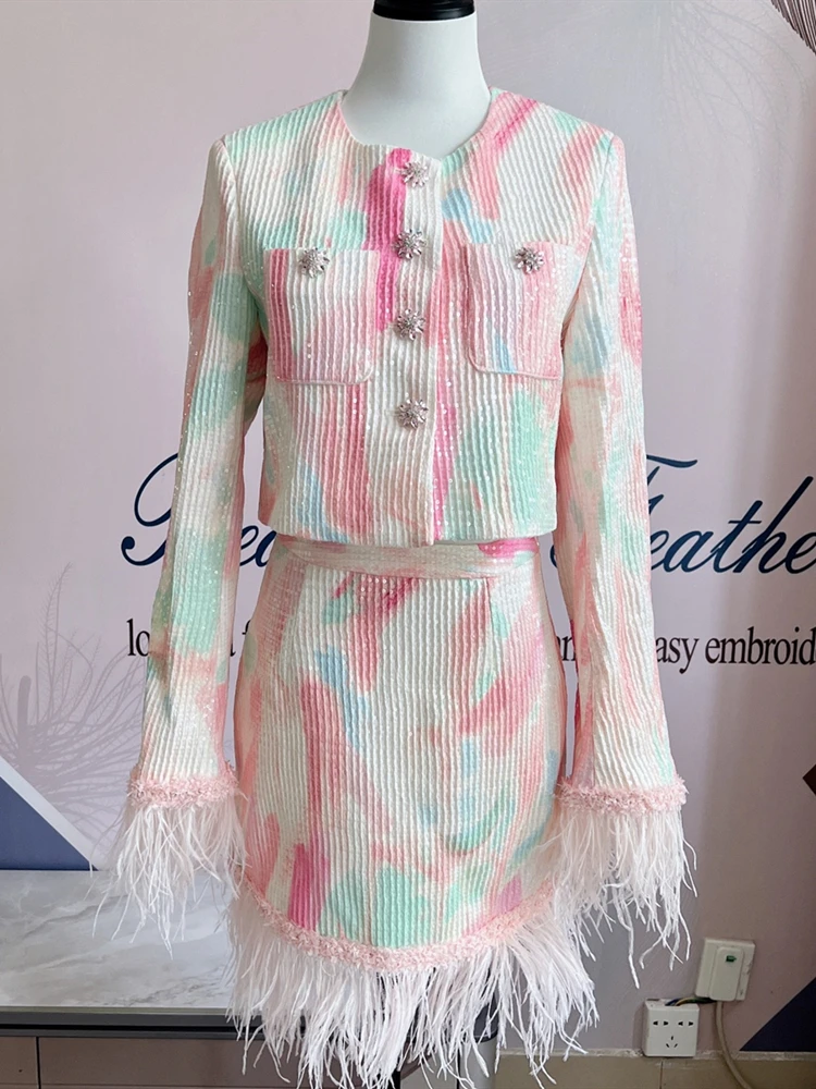

New Autumn Women's Tweed Sets 2 Piece Luxury Style Sequined Tassel Diamonds Buttons Short Coat And Skirt Outfits Female Clothing