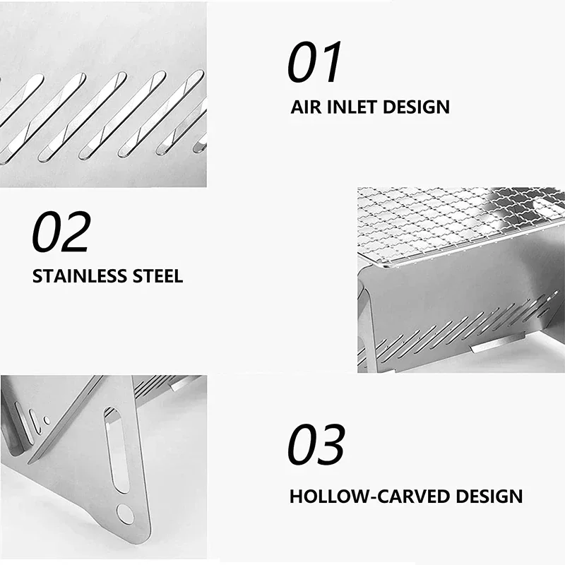 Portable Folding Barbecue Grill Heating Stoves Multifunction Camping BBQ Grill Rack Net Firewood Stove Stainless steel BBQ Grill 3