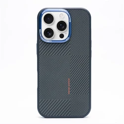 Premium Carbon Fiber Texture Phone Case with Magnetic Wireless Charging and Alloy Camera Lens Protection - iPhone 16 Pro (Blue)