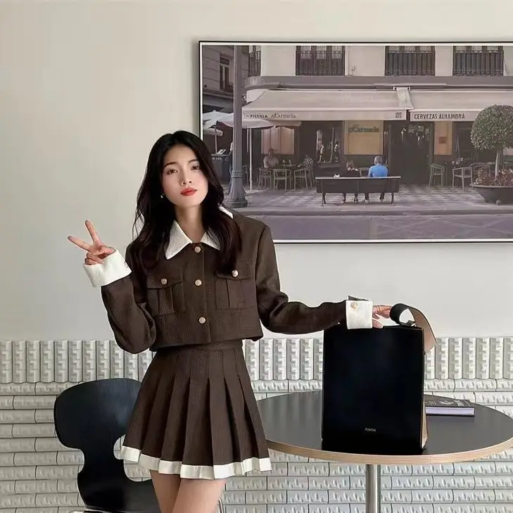 Korean Chic Two-piece Skirt Sets Patchwork Long Sleeves Cropped Top High Waist Pleated Mini Skirt Autumn Winter Y2K New Outfits