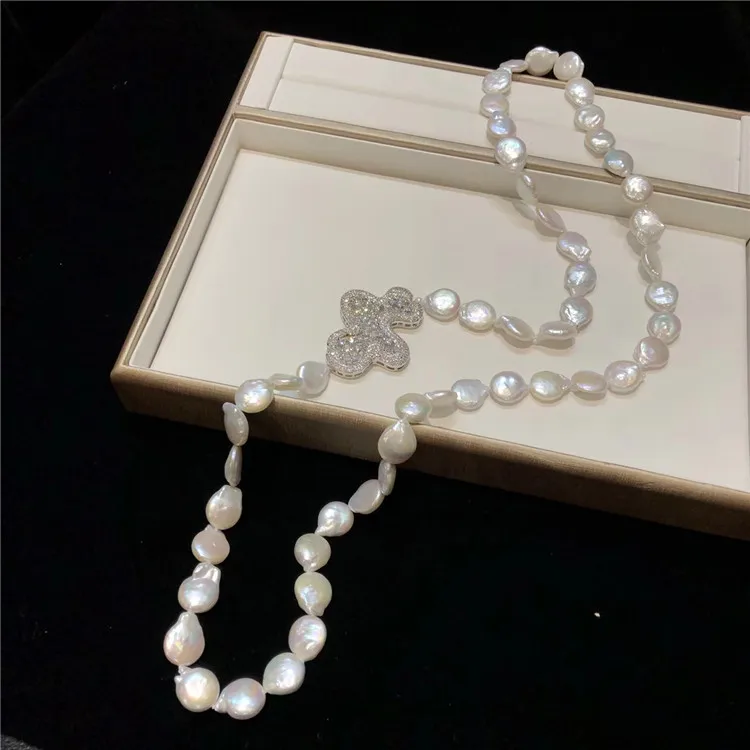 Hand knotted natural 11-12mm white button shaped pearl micro inlay zircon necklace fashion jewelry