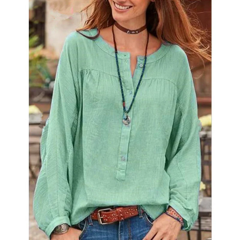 Spring Autumn Women's Casual Solid Long Sleeve Round Neck Cotton Shirt Fashion Simple Oversized Blouse Pullover Top Clothing 5XL
