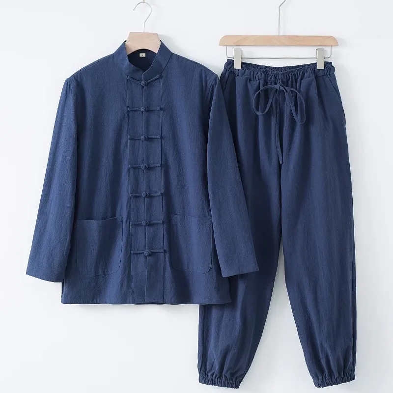 

Men Chinese Style Cotton Linen Layman Clothing Suit Retro Buddhist Meditation Shirt Pants Set