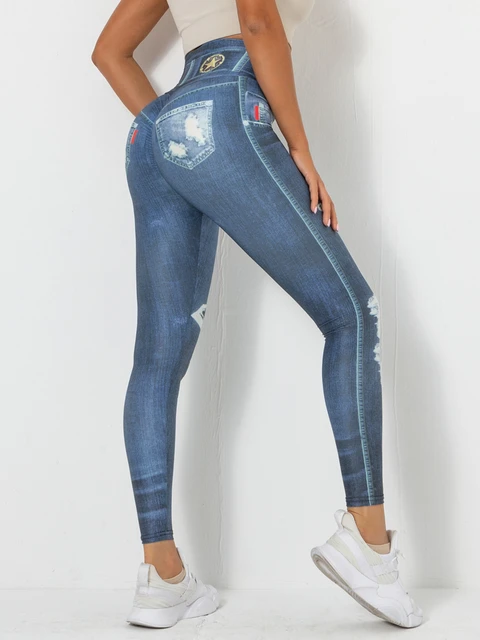 Women's Denim Print Fake Jeans Look Like Leggings Sexy Stretchy