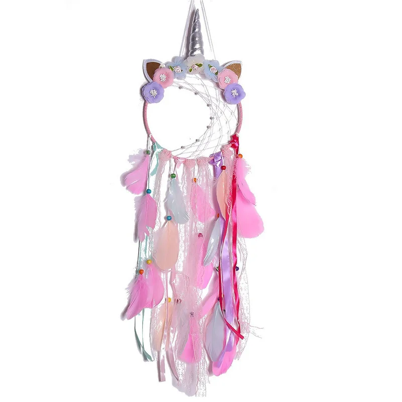 Pink LED Light Unicorn Dream Catcher Ornament For Girls Boho Room Decor Bedroom Unicorn Macrame Dreamcatcher Hanging Pendant 6