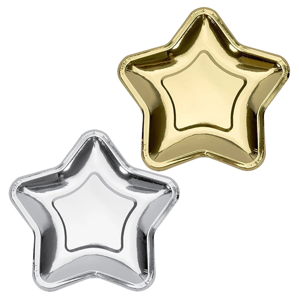 20PCS Golden Silver Five-pointed Star Paper Plate Disposable Plates For Fruit Cake Dessert Birthday Wedding Party Banquet Decor