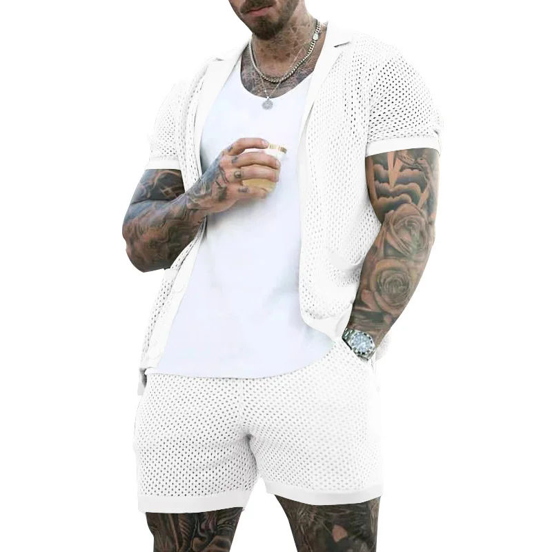 2025 Amazon Short-sleeved Shorts Suit for Men Cool Hole Cloth Lapel Cardigan Short-sleeved Suit for Men Summer Two-piece Set 2
