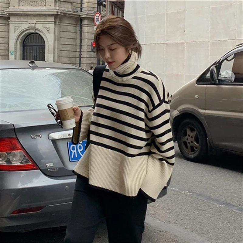 

Striped Split Turtleneck Sweater Women Long Flare Sleeve Knitted Oversized Autumn Winter Female Pullover Fashion Long Sleeve Top