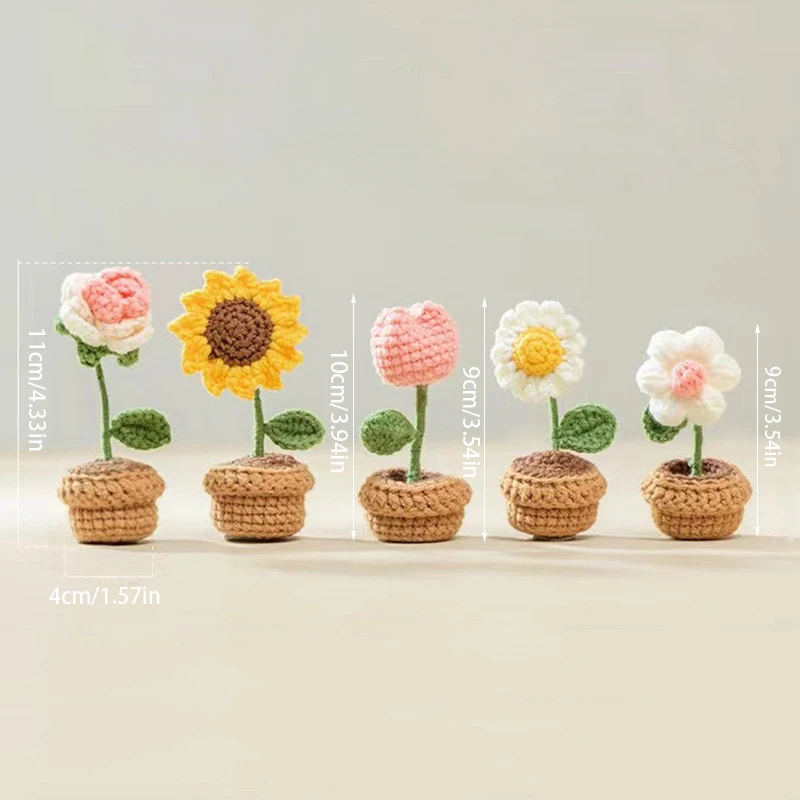DIY 손으로 짠 미니 화분 꽃, 장미 크로셰, 수제 튤립, 사무실 장식, 모직 실 마감, 인공 꽃 