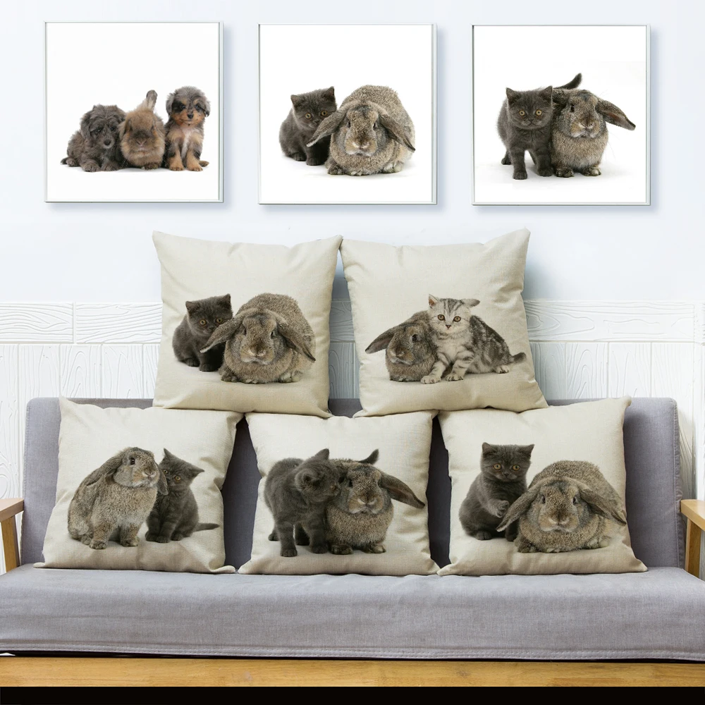 

Lovely Cat and Rabbit Pillowcase Decor Cute Pet Animal Pillow Case Polyester Cushion Cover for Children Room Sofa Home 45x45cm