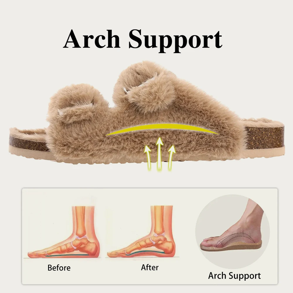 Comwarm Women's Fur Clogs Fuzzy Cork Footbed Mules Men Fashion Suede Flats Slides Comfort  Winter Suede Plush Clogs Slippers 6