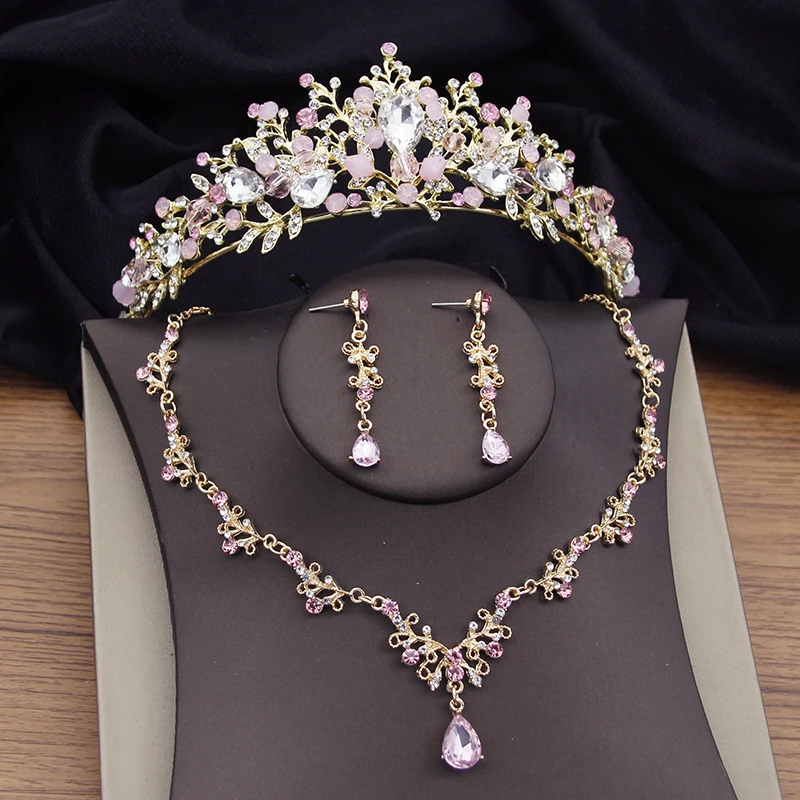 LuxuryPinkCrystalBridalJewelrySetsTiarasEarringsNecklaceSetsforWomenPartyCrown