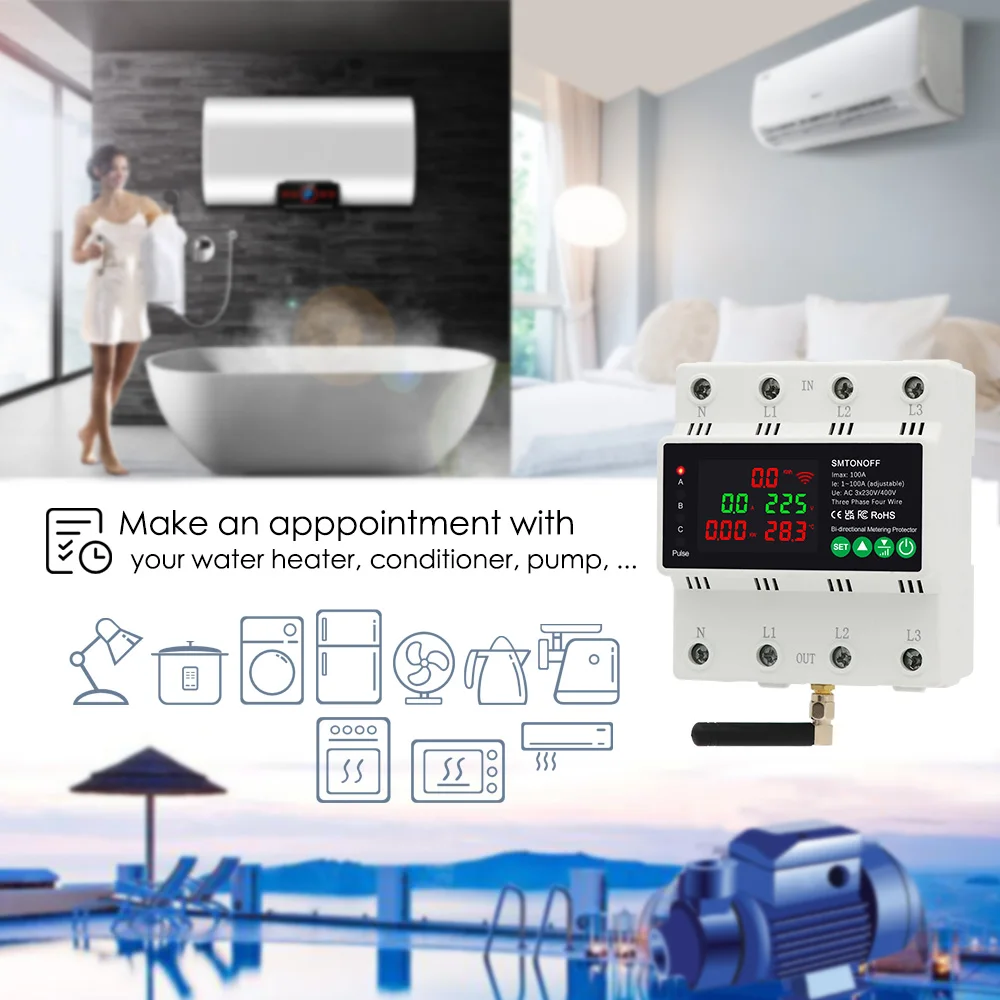 Tuya WiFi Three Phase 4P 100A Auto-Reclosing Over Under Voltage Protector Prepai