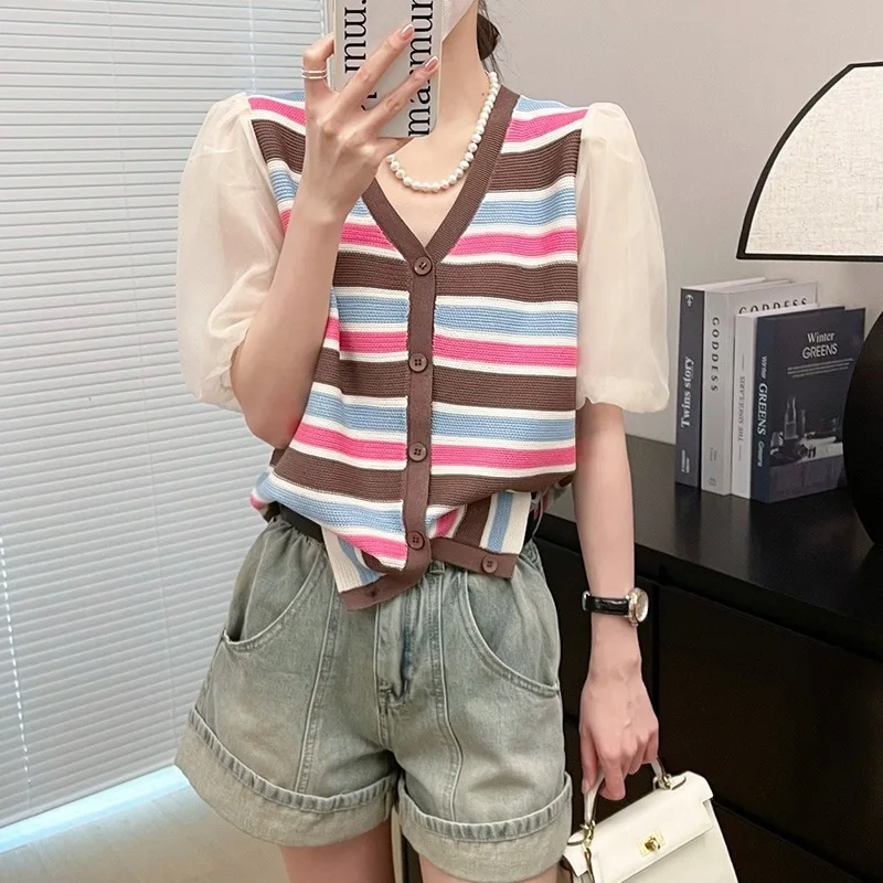 

Vintage Striped Contrast Color Summer Tops Women Patchwork Puff Short Sleeve V-neck Knitted Thin Cardgian Korean Fashion Shirts