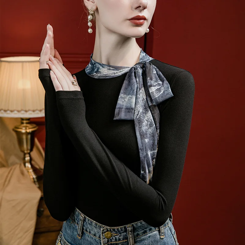

New 2023 Commuting Women Autumn Winter Print Splice T-shirt Sexy Crop Top Clothes Casual Gauze Blouses Grace Meeting Graphic