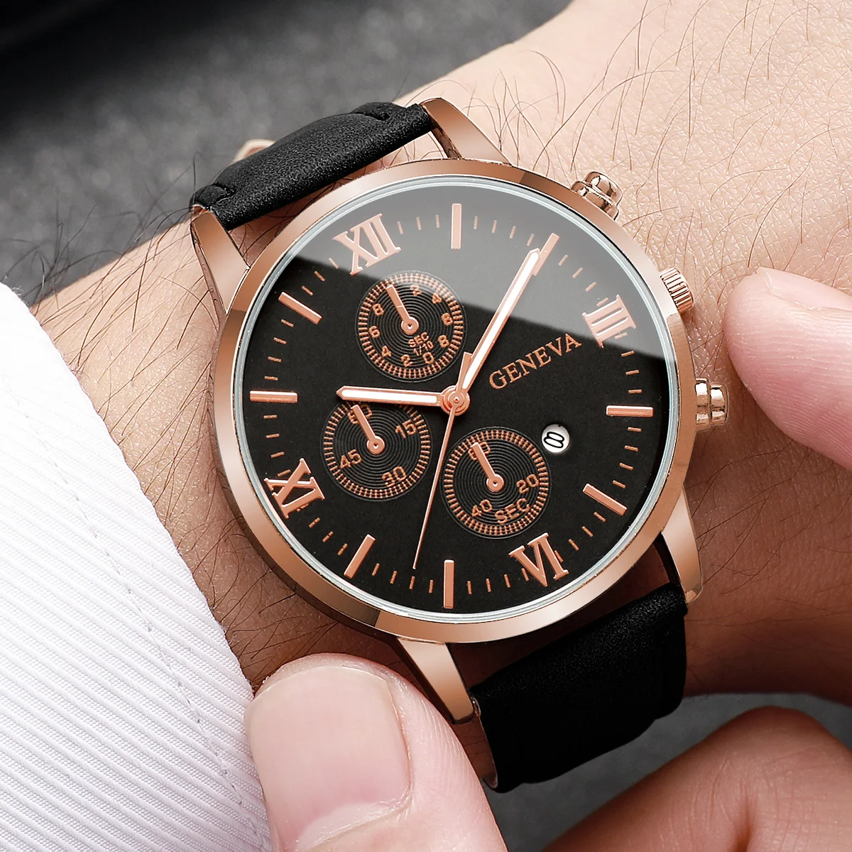 2PCS/Set Men Business Watches Fashion Roma Dial Date Watch Leather Band Quartz Wristwatches Relogios Feminino（Without Box） 2
