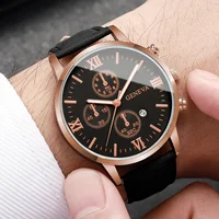 2PCS/Set Men Business Watches Fashion Roma Dial Date Watch Leather Band Quartz Wristwatches Relogios Feminino（Without Box） 2