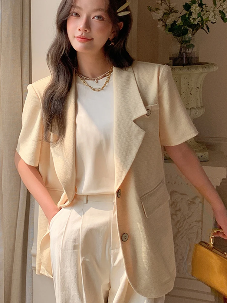 BZVW Minimalism Short Sleeve Blazers For Women Single Breasted Loose Jackets Fashion Coats Yellow 2024 Summer New 25X4083