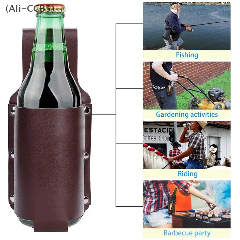 Men's Outdoor Hiking Leather Can Beer Sleeve Waist Bag Drink Bottle Protector Cup Holder Belt Bag