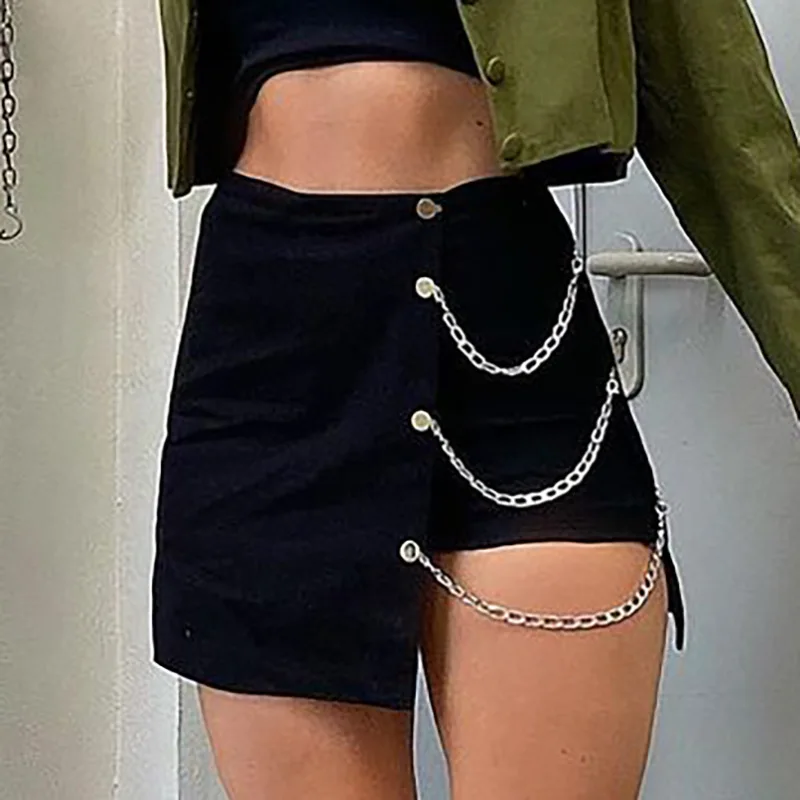 

2023 Fashion Gothic Black Skirt Punk Rock Slim Girls Mini Short Skirts High Waist Chain Women Streetwear Gyaru Bodycon Clubwear