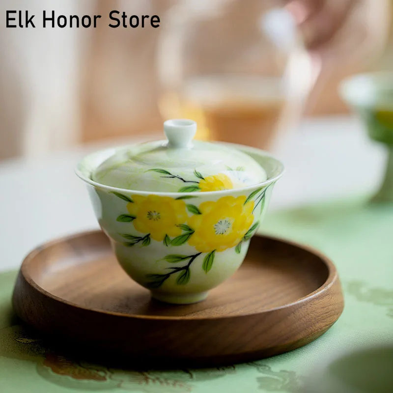 

125ml Hand-painted Yellow Wood Mist Green Flower Ceramic Tea Tureen Tea Maker Tea Bowl With Cover Portable Kung Fu Tea Set Gifts