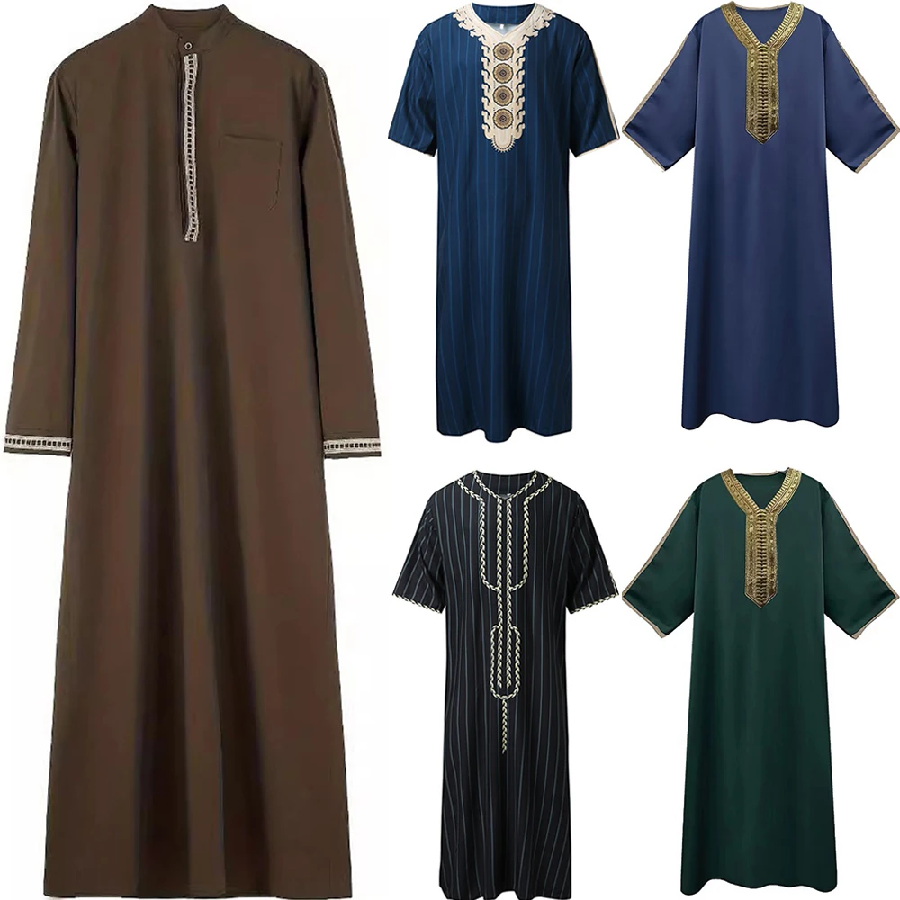 Muslim Men'S Robes Loose Straight Spring Summer Blouse Toga Solid Embroidery Patchwork Arab Middle Eastern National Costume - Image 2