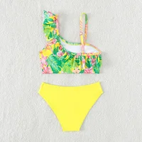 New Children's Angled Shoulder Strap Split Swimsuit Girls Printed Ruffles Quick-Drying Breathable Bikini Swimwear Beach Wear 2