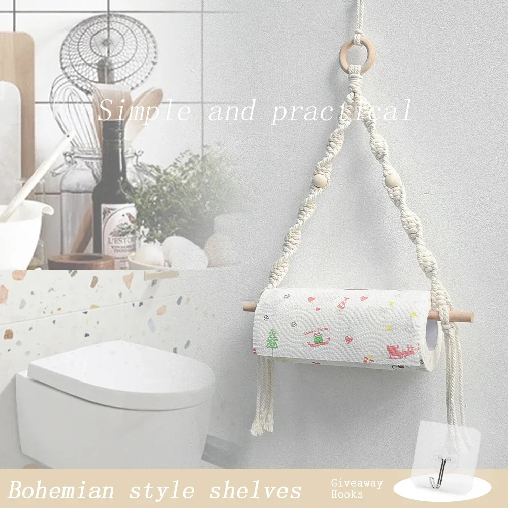Bohemian Hand-woven Wall-mounted Wooden Bead Roll Paper Rack Towel Rack Homestay Tissue Storage Wall Home Decoration