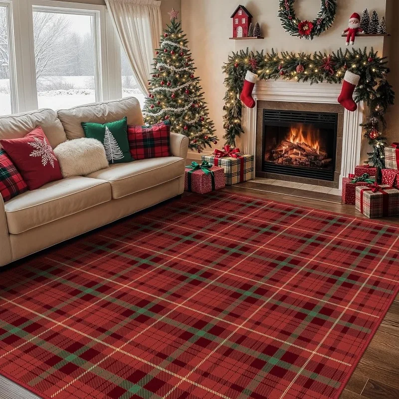 Checkered Pattern Living Room Carpet Retro Christmas Art Creative Bedroom Soft Rug Foldable Machine Washable Cloakroom Mat Tapis