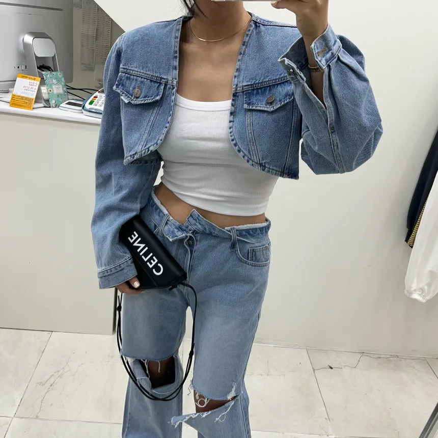 

chic vintage washed collarless design bubble sleeve short style denim coat spring jacket top