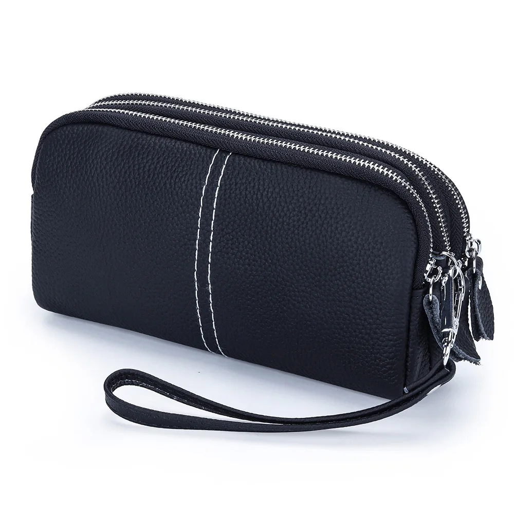 

Cowhide Women Wallet Genuine Leather 3 layers Zipper Wristlet Bag Lady Clutch Coin Purse Credit Card Holder Mobile phone bag