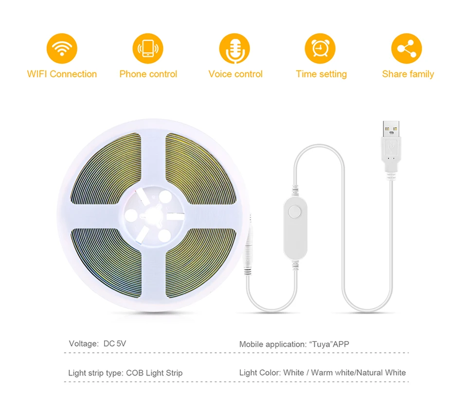 Description Picture 3 of itemTuya Smart Life WiFi USB 5V COB LED Strip 320LEDs/M Remote Control Dimmable Tape Ribbon LED Lights Work With Alexa Google Home