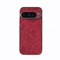 Vintage Flower PU Leather Shockproof Case with Plating Bumper and Wireless Charging Compatibility - Google Pixel 8 Pro (Red)