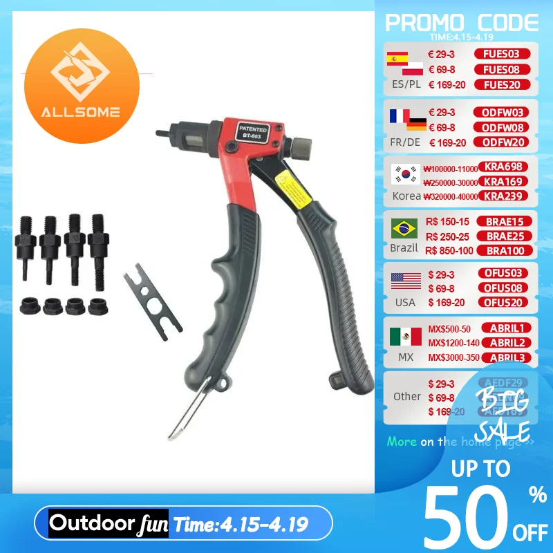 

ALLSOME BT-603 Manual Riveter Gun Hand Rivet Tool Kit Rivet Nut Setting Tool Nut Setter M3/M4/M5/M6