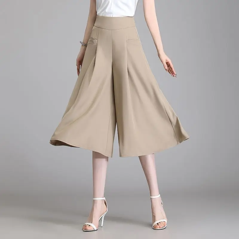 Summer Women Fashion Solid Wide Leg Capris Korean Oversized Skirt Pants Versatile Casual Elastic High Waist Ice Silk Trousers