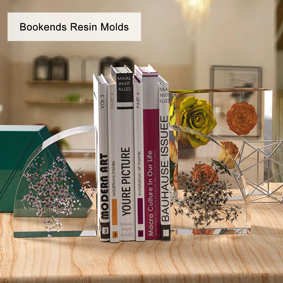 2/4Pcs Silicone Bookend Molds DIY Crystal Fan-Shaped Bookend Molds Geometric Large Cube Book Organizer for Books