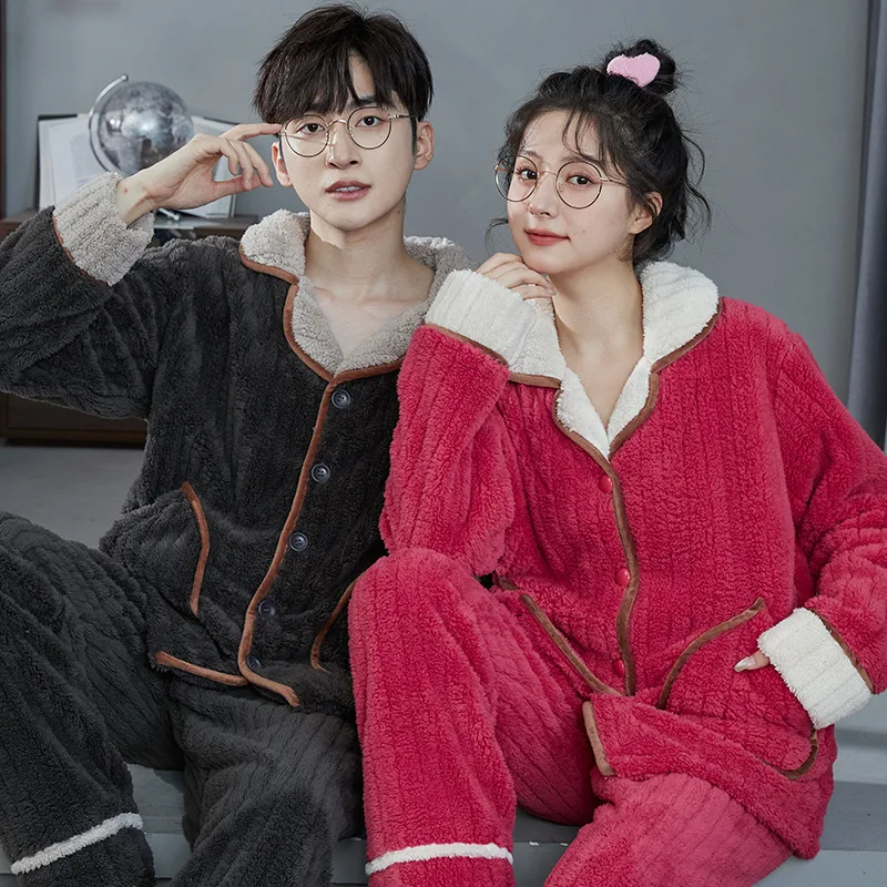 2023 New Couples Sleepwear Winter Warm Flannel Nightwear Men's Thicked Pijamas Set Women Fashion Pyjamas Youth Boy Girl Pajamas