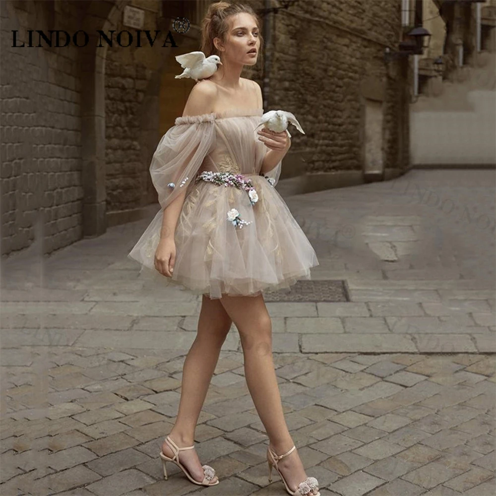 

LINDO NOIVA Dusty Pink Prom Dresses 2023 Short A-Line Puff Sleeve Vintage Wedding Party Gown Robes De Cocktail Dress for Teens