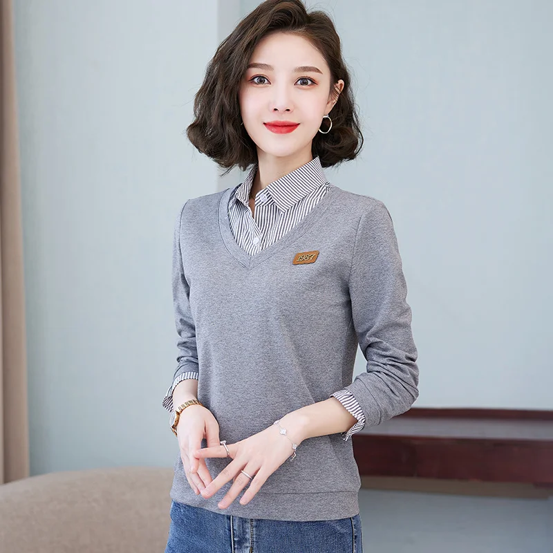 Women'S Spring And Autumn Loose Spliced Shirt Collar Fake Two Piece Hoodies Female New Fashion Slimming Casual Versatile Top