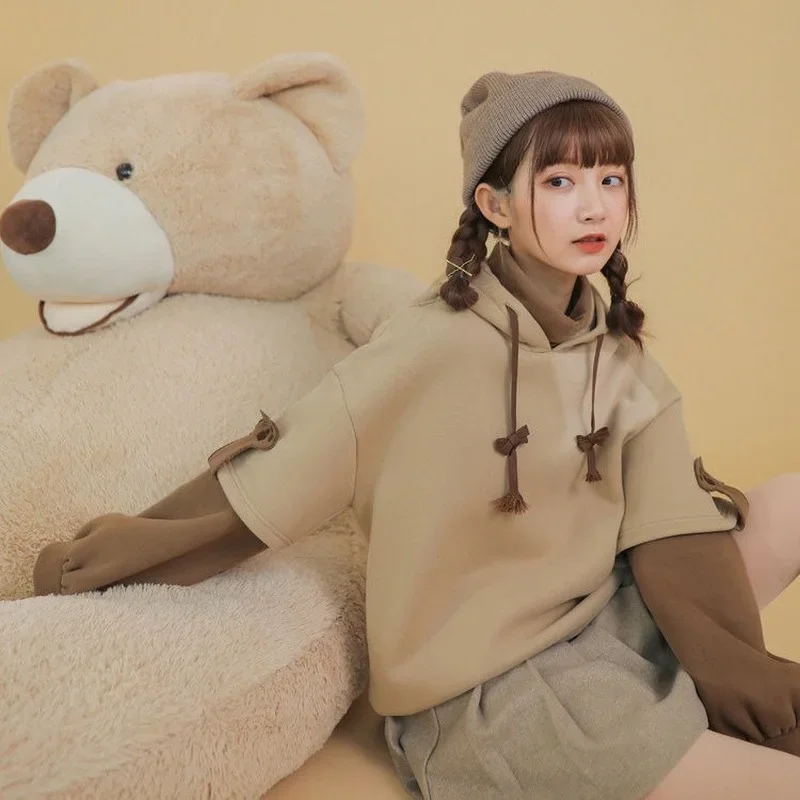 Women Korean Kawaii Crewneck Long Sleeve Oversized Hoodies Harajuku Aesthetic Bear Anime Streetwear Fall Winter Pullovers Tops
