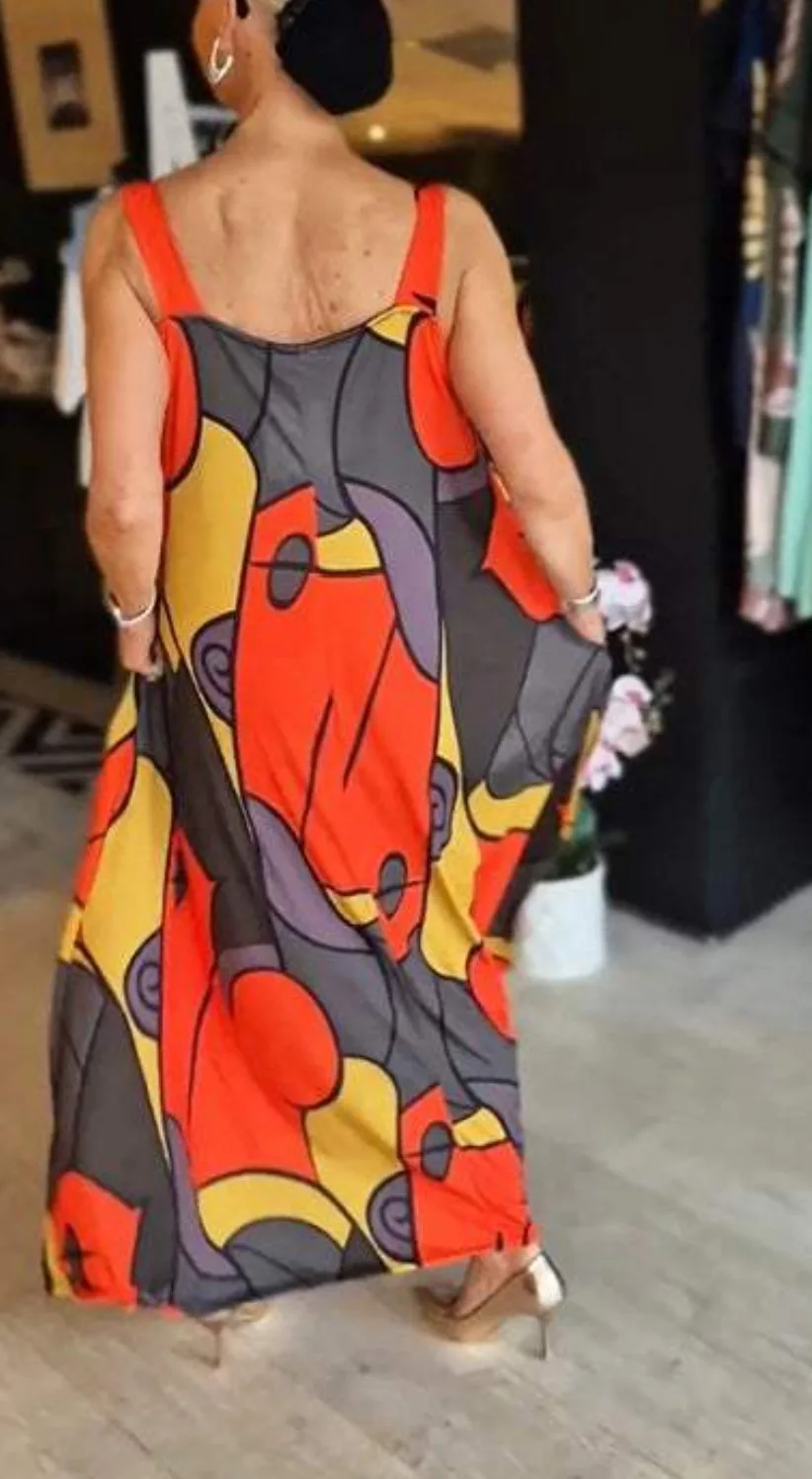 Print Spaghetti Strap Dresses Women Fashion Casual Pocket Loose Long Dress Lady Commuting Clothing Maxi Vestidos 2025 Summer New