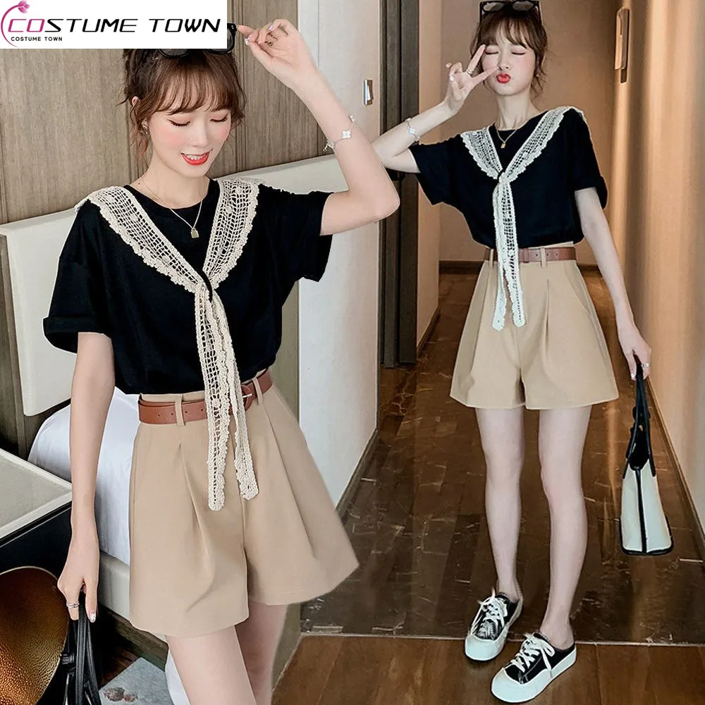 Fashion Set Women's Spring/Summer New Korean Version Hook Flower Lace Scarf T-shirt+Casual Wide Leg Shorts Two Piece Set