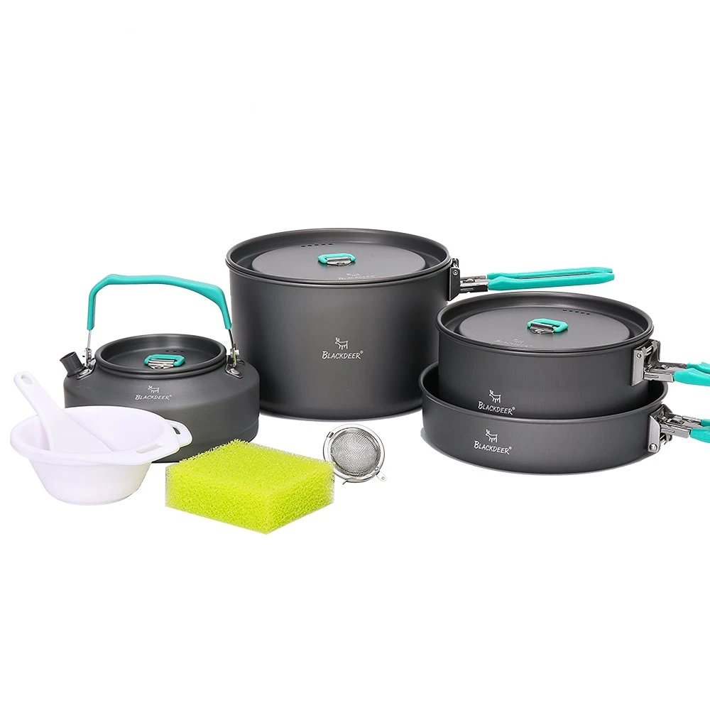 

Outdoor Camping Tableware Set Backpacking Picnic 2 Pot 1 Frypan 1 Kettle Alumina Durable Cookware Folding Cooking Set