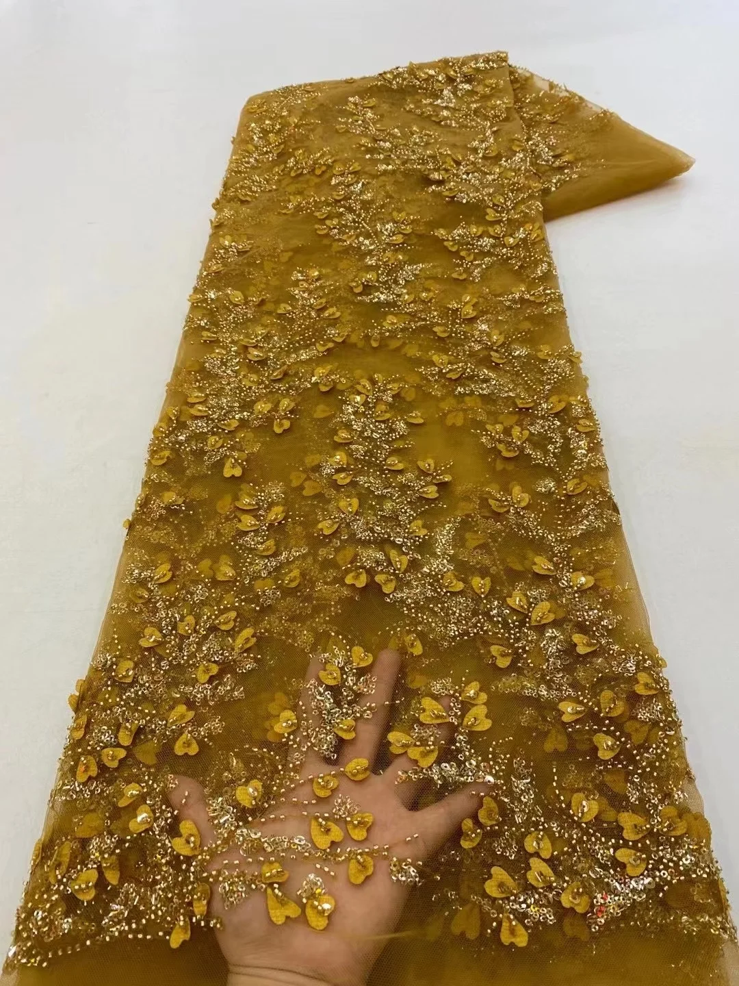 

Gold High-end 3D handmade French tulle net lace With stones Africa lace fabric for wedding dress party dresses 5yards